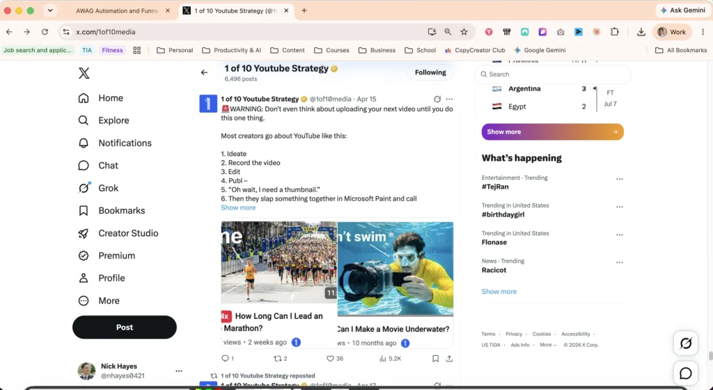 X Twitter post warning creators about thumbnails showing 5278 views and 36 likes