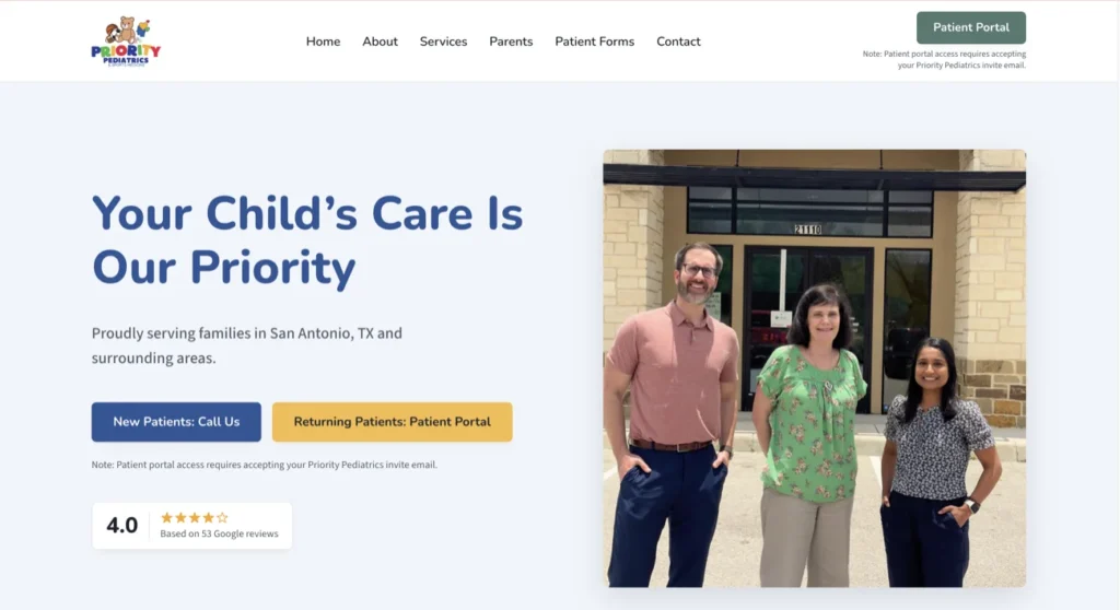 Redesigned Priority Pediatrics website hero — Your Child's Care Is Our Priority