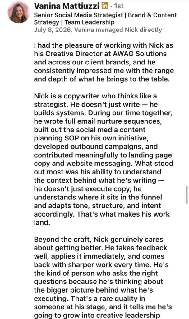 LinkedIn recommendation for Nick Hayes from Vanina Mattiuzzi, Senior Social Media Strategist