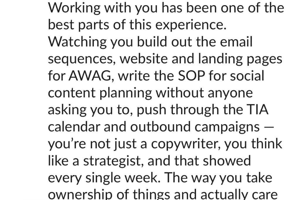 Testimonial for Nick Hayes from Vanina Mattiuzzi calling him a copywriter who thinks like a strategist
