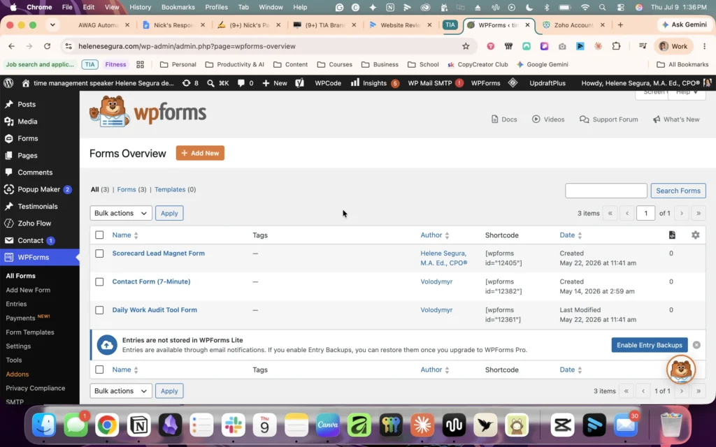 WPForms showing 3 lead magnet forms: Scorecard, 7-Minute Meeting, and Daily Work Audit